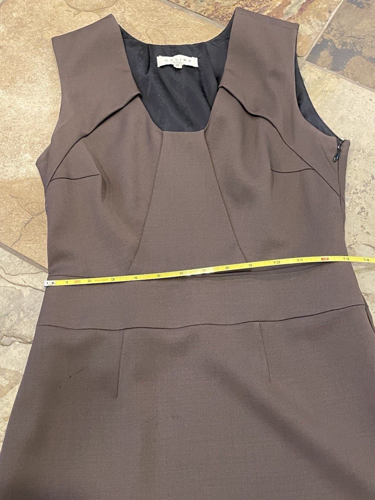 Celine Couture Solid A-Line Scoop Neck Sleeveless Knee Length Dress in Brown 38