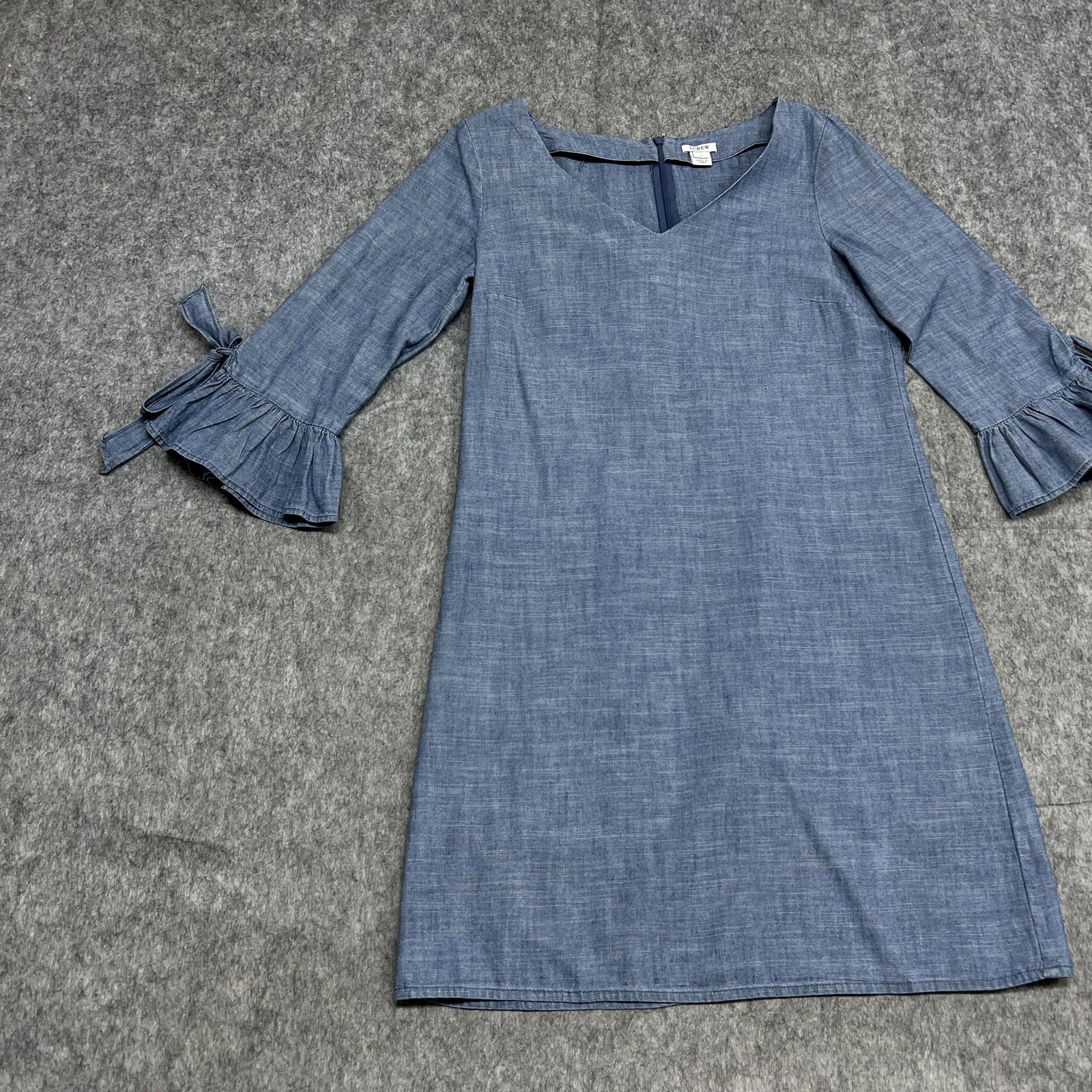 J Crew Dress Womens 2 Blue Chambray Tie-Cuff Bell Sleeve Shift V Neck H5485