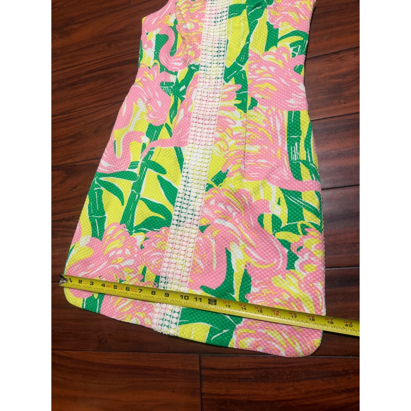 Lilly Pulitzer Flamingo Glee Shift Dress Pink Yellow Green Bamboo Lace Trim 33in