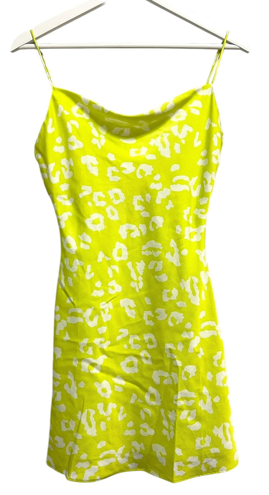 Cotton Candy LA Dress Small Neon Yellow Green Animal Print Cowl Neck Slip Mini