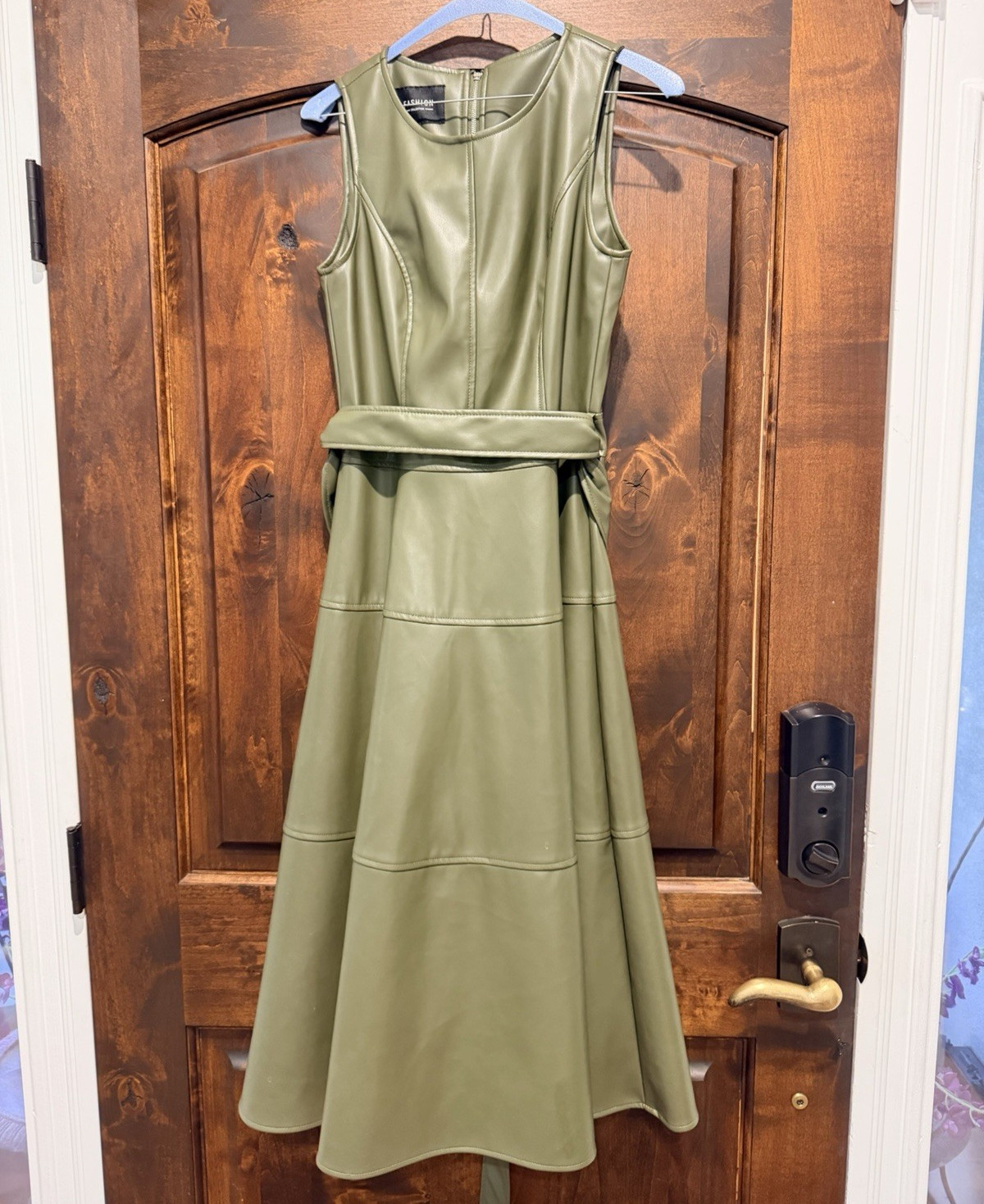 Green Faux Leather Solid Sleeveless Round Neck A-Line Midi Belted Dress XS