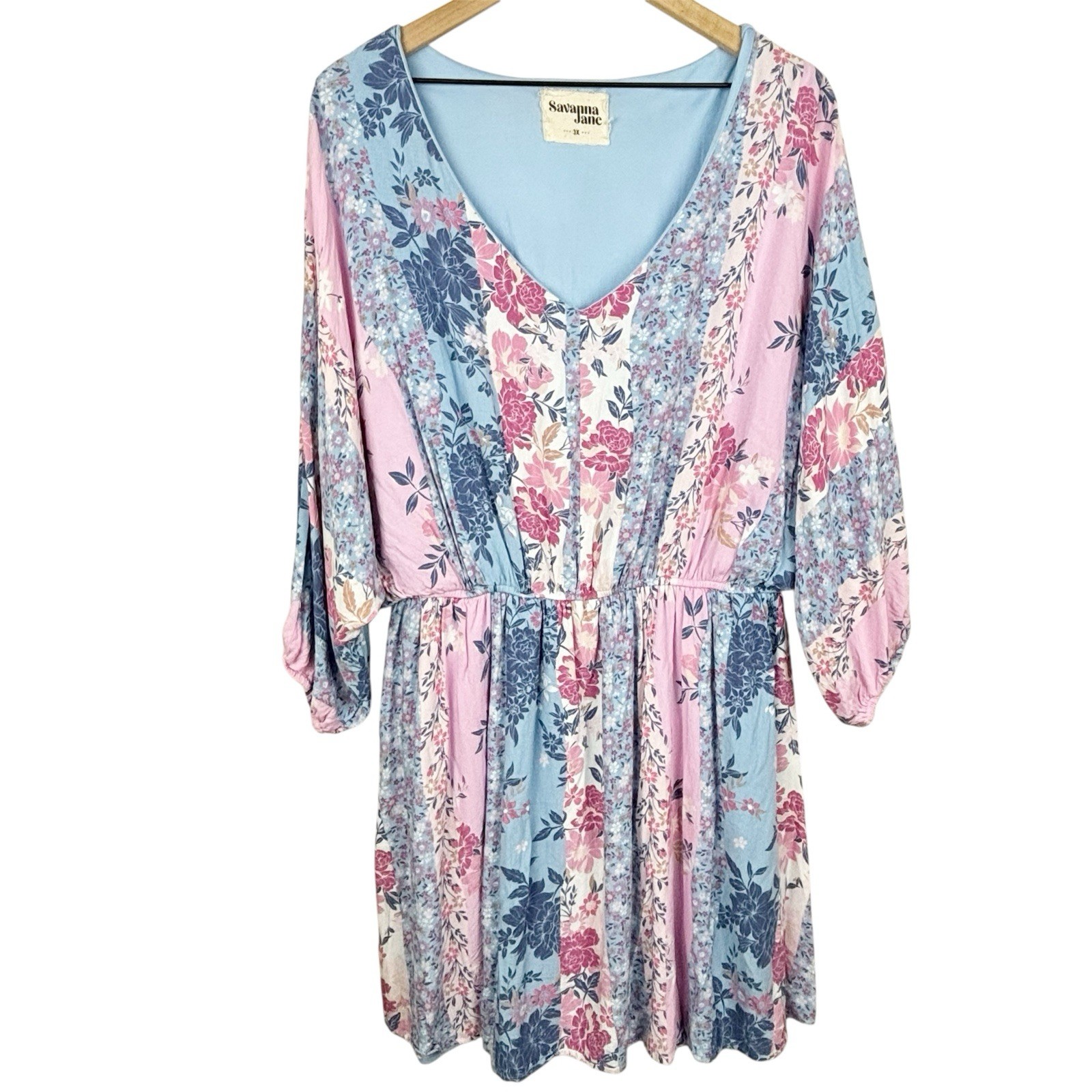 Savanna Jane Dress Womens 3X Patchwork Floral Dolman Sleeve Mini Lined Boho