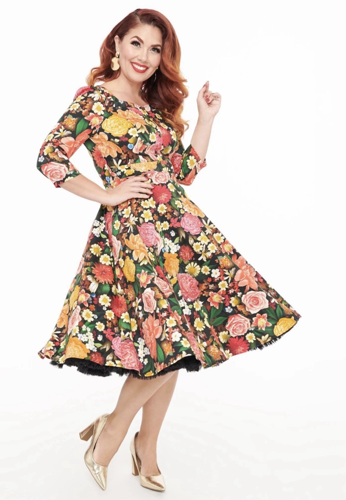 Unique Vintage Hearts & Roses Black Floral Cassidy Swing Dress, NWT!