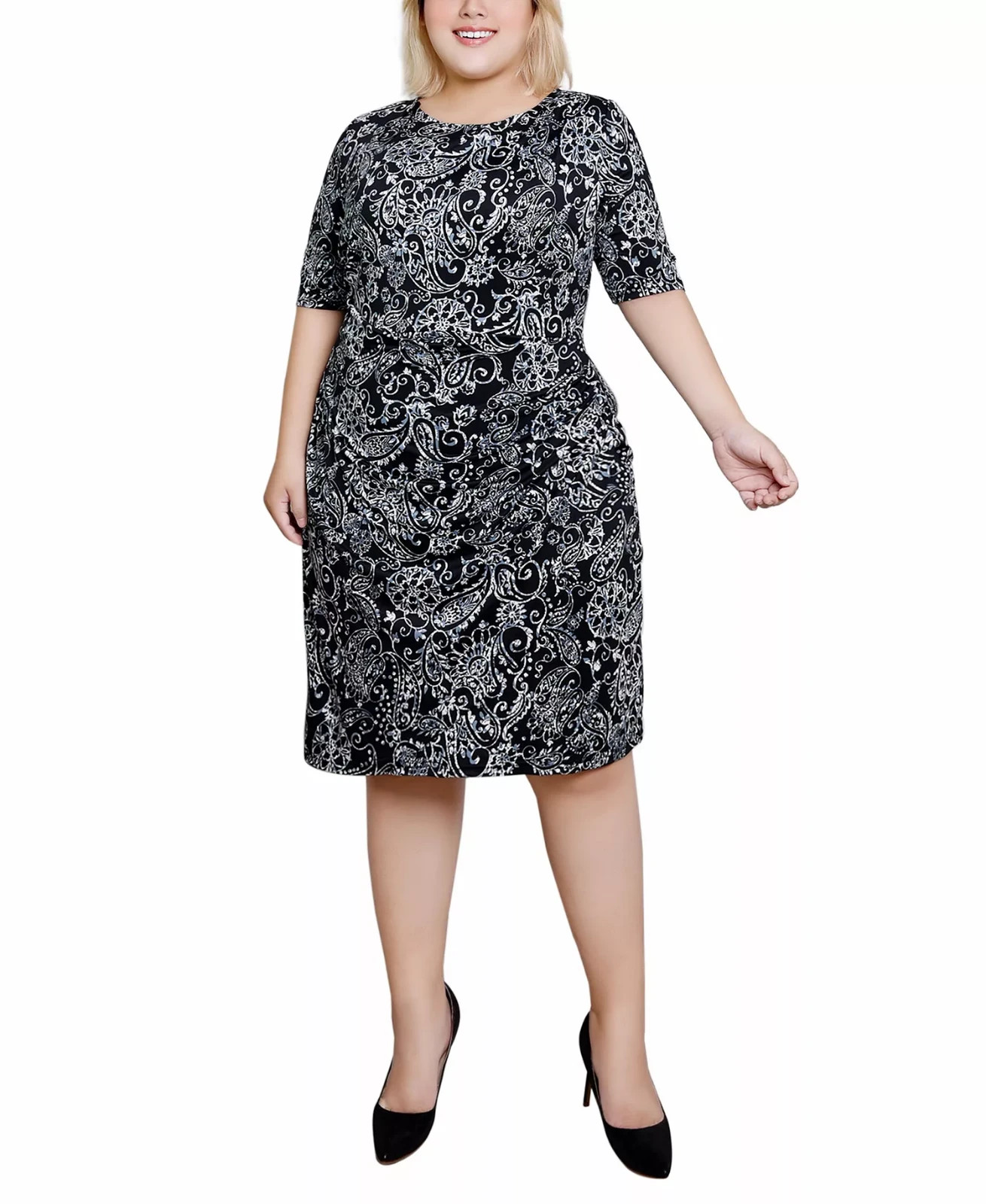 NY Collection Plus Size Elbow Sleeve Side Pleat Dress Womens 1X Verbena Pullover