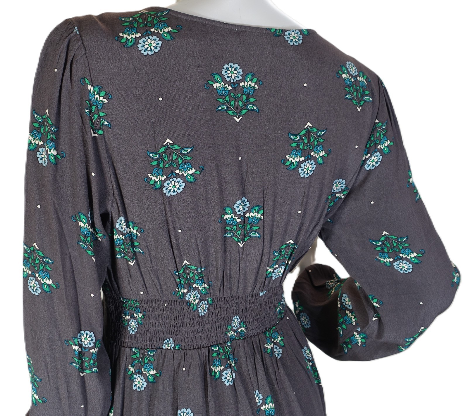 ANN TAYLOR LOFT~NWT!!~GRAY & GREEN FLORAL BOHO RUFFLED HEM DRESS SZ:M WASHABLE