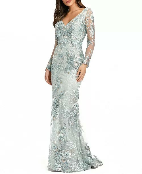 MAC DUGGAL Size 16 V-Neck Long-Sleeve Embroidered Mesh Gown in Sea Mist, $698