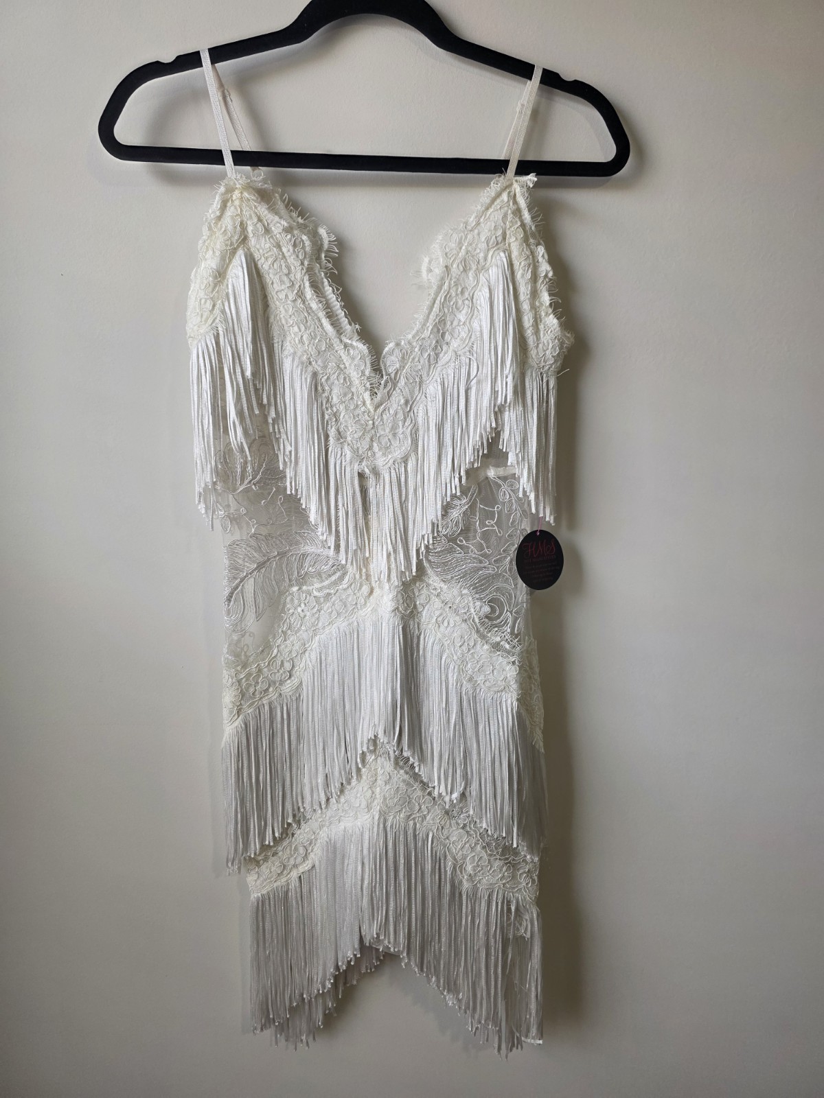 HOT MIAMI STYLES NWT White Fringe, Lace & Mesh Dress Size S