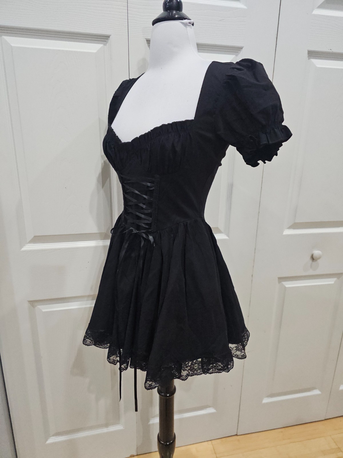 Dolls Kill Goth Witchy Hazy Haunting Black Lace Up Corset Style Mini Dress S NWT