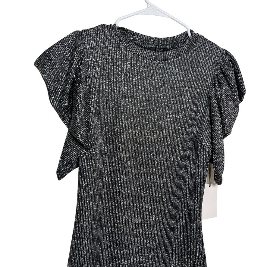 Iris Dress Women’s Medium Metallic Shift Short Sleeve Ruffle Crew Neck Solid NWT