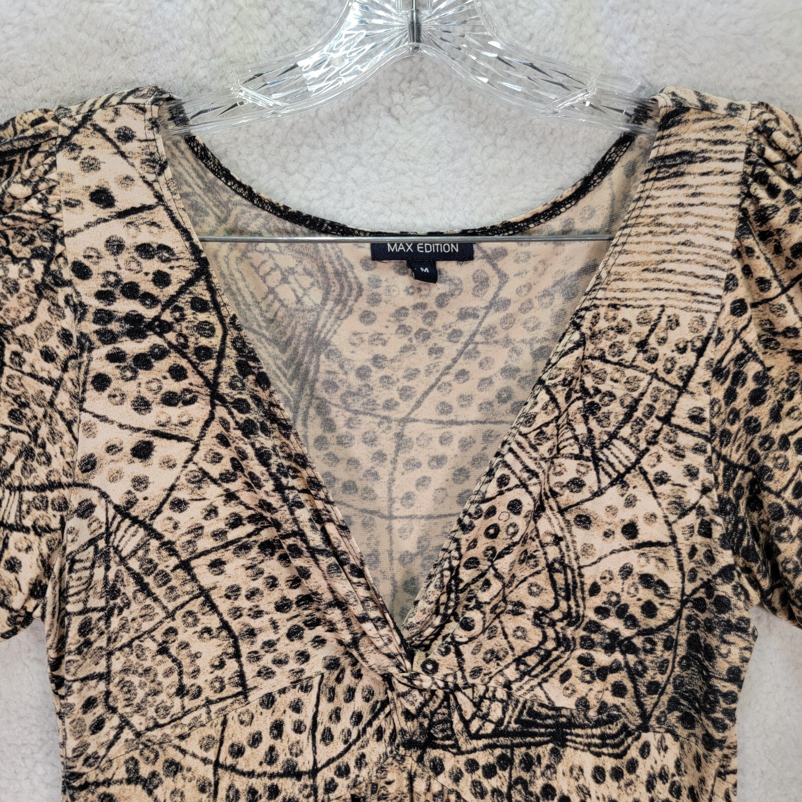 Vtg 90s Max Edition Beige Retro Print Jersey Stretch A Line Womens Dress Size M