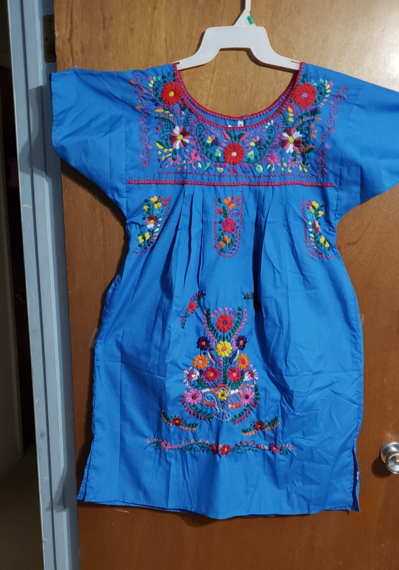 Genuine Women’s Cotton Embroidered Mexican Dress Blue S Lg Chest 22″ L 39″ NEW
