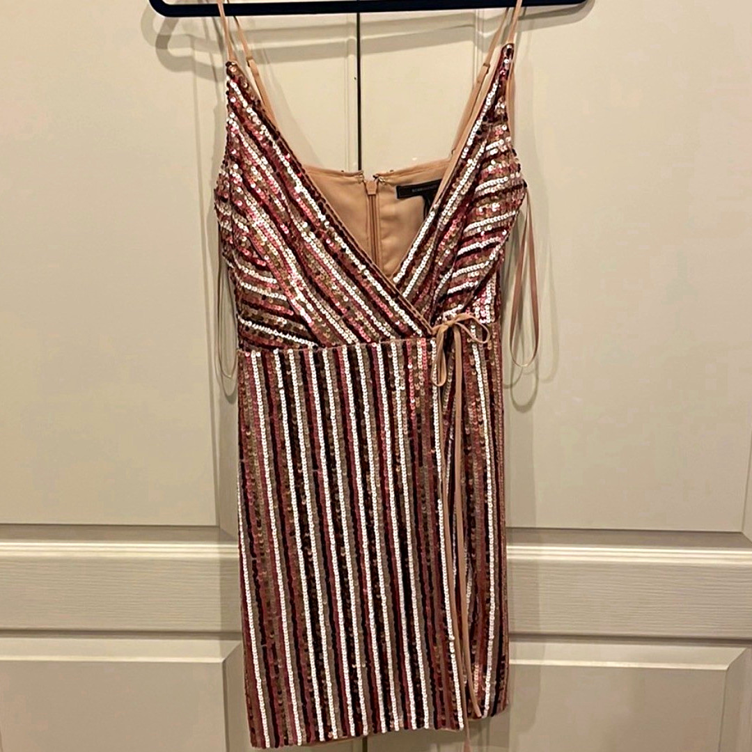 BCBGMAXAZRIA Sequin Striped V-Neck Wrap Mini Dress Lined Zip Pink 10