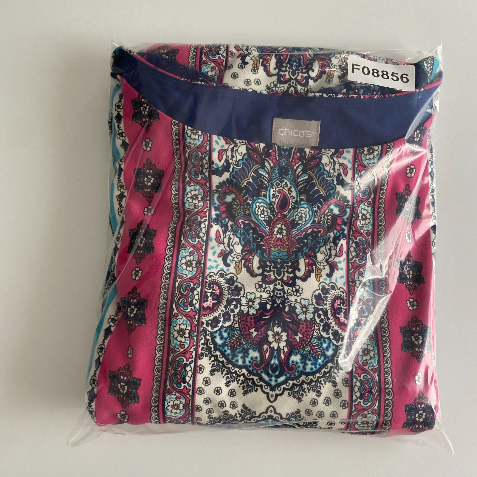 Chicos Medallion Print Tie Sleeve Shift Dress Size 4 US 20 2XL Blue Pink Floral