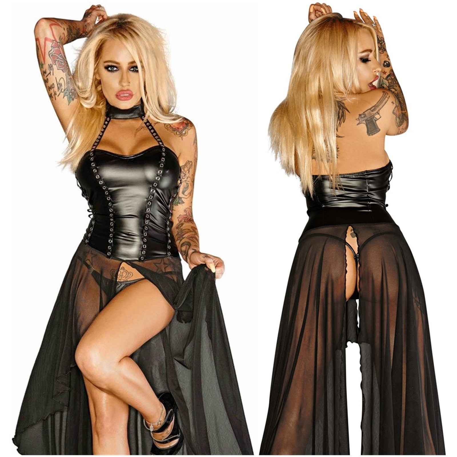 Women’s Black Wet Look Mesh Maxi Dress Halter Neck Open Front Clubwear