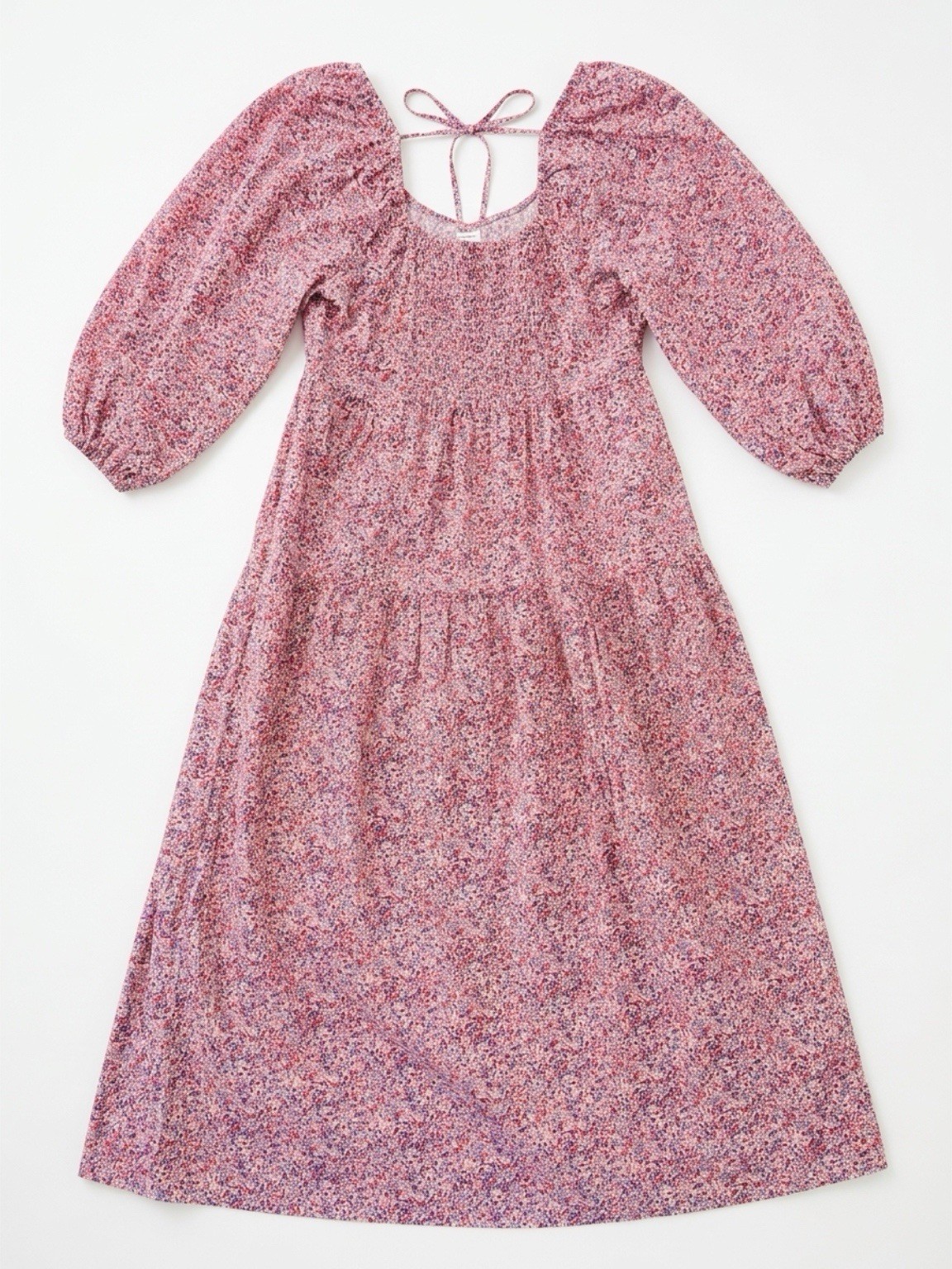 Universal Thread Peasant Midi Dress L Pink Floral Tie Back 100% Cotton Prairie
