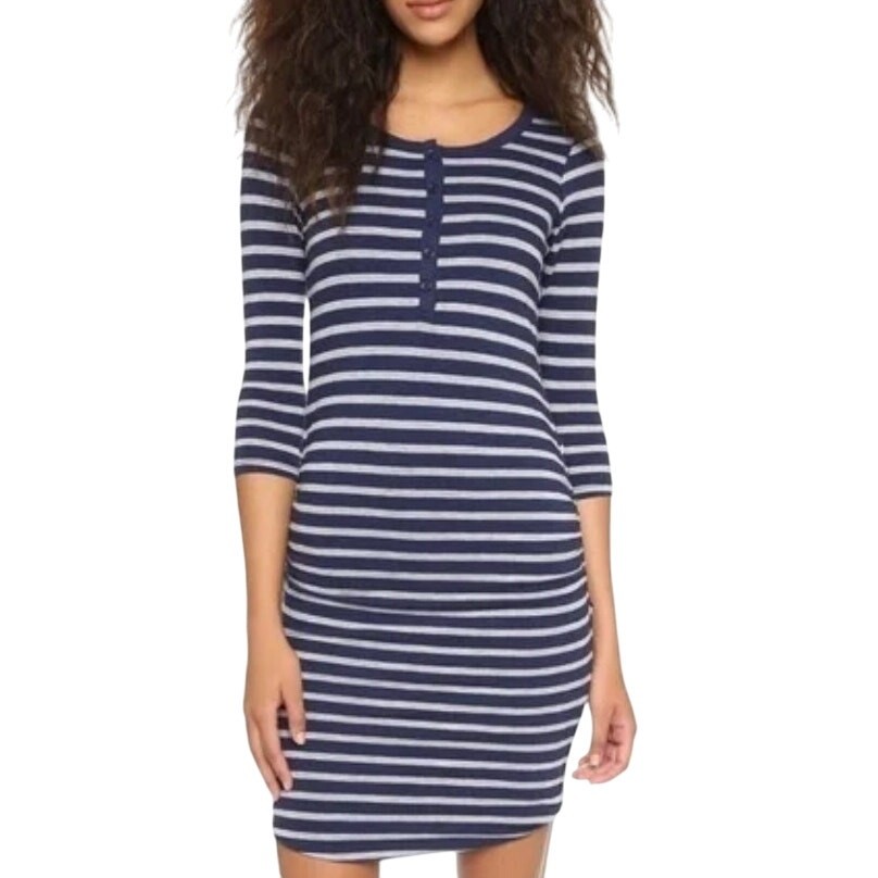 Sundry Henley Dress Slub Knit Blue Gray Stripes Size S Preppy Coastal Weekends