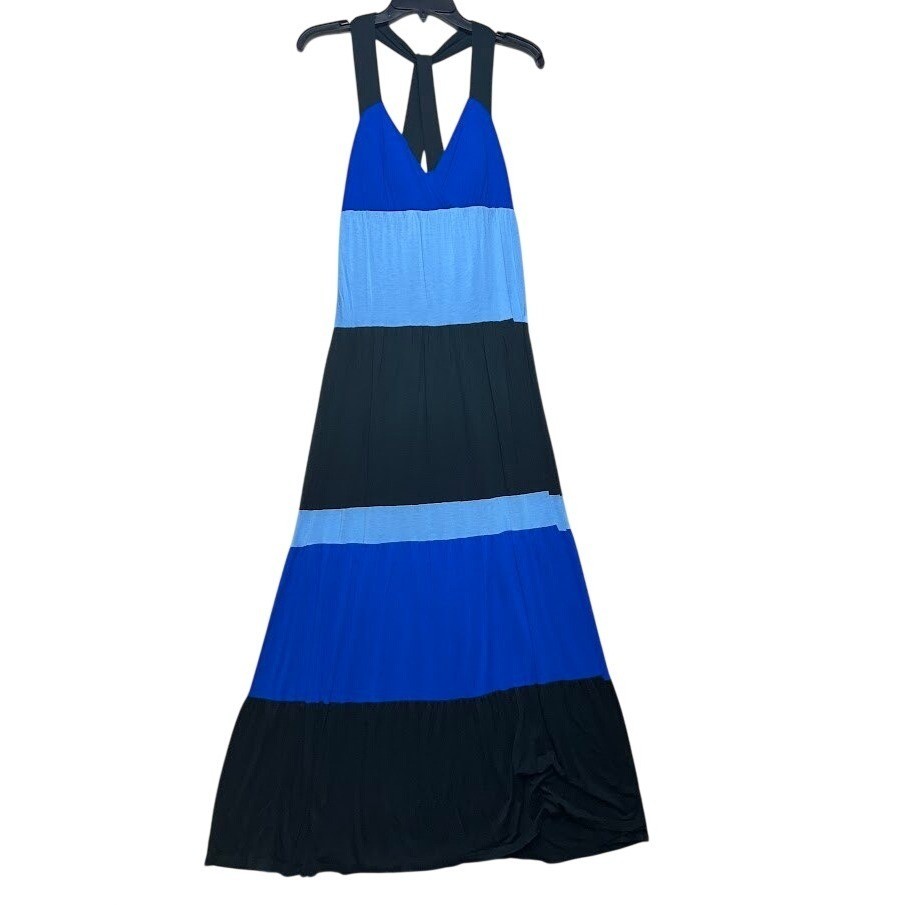INC International Concepts Women Blue Black Colorblock Halter Maxi Dress Small