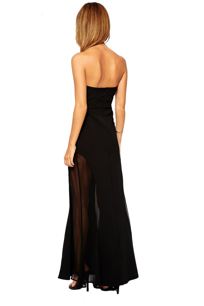 Black Backless Sheer Insert Strapless Maxi Dress