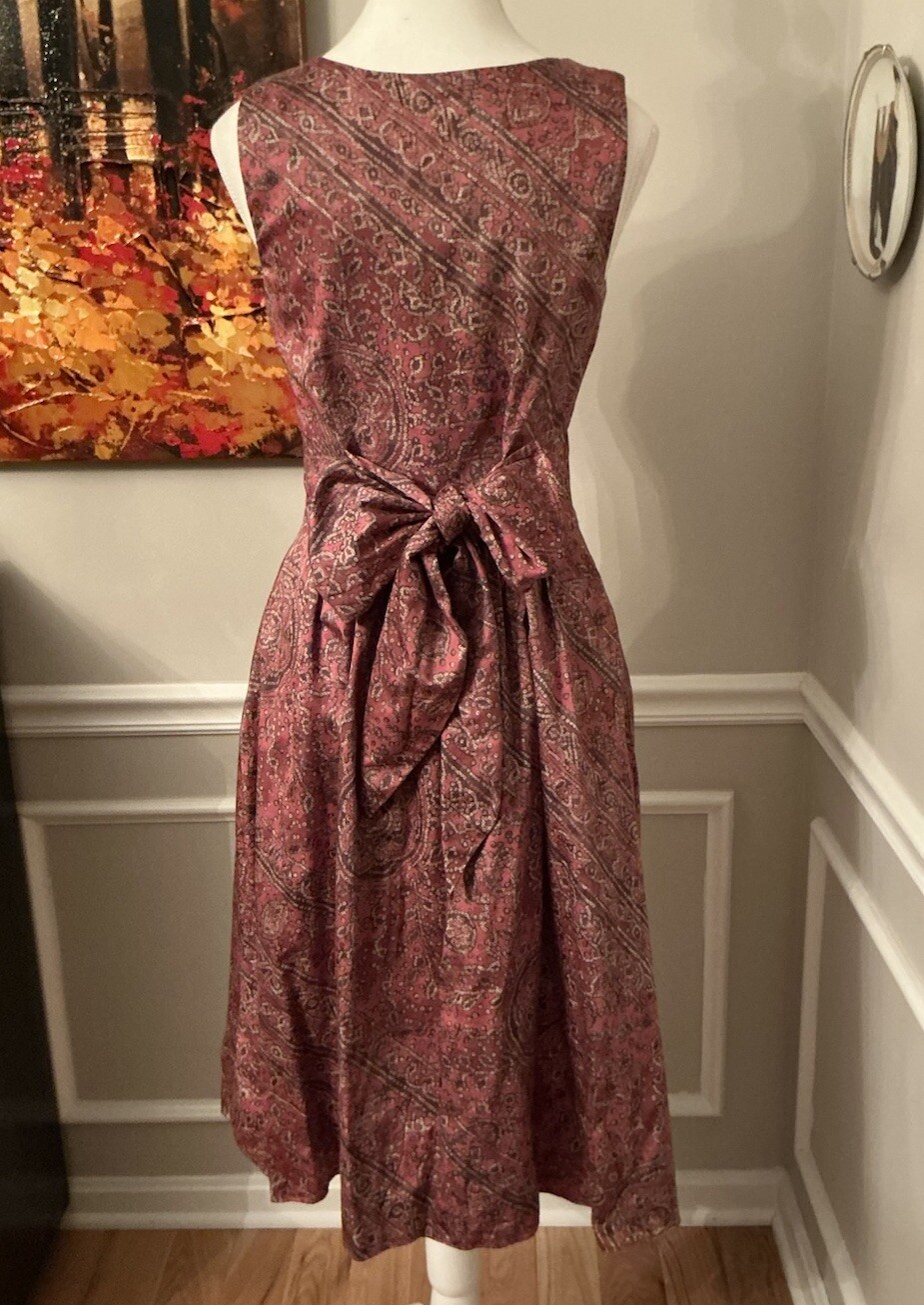 Peruvian Connection Dress Red Brown Pattern Midi Size Small Tie Bow Sash Cotton
