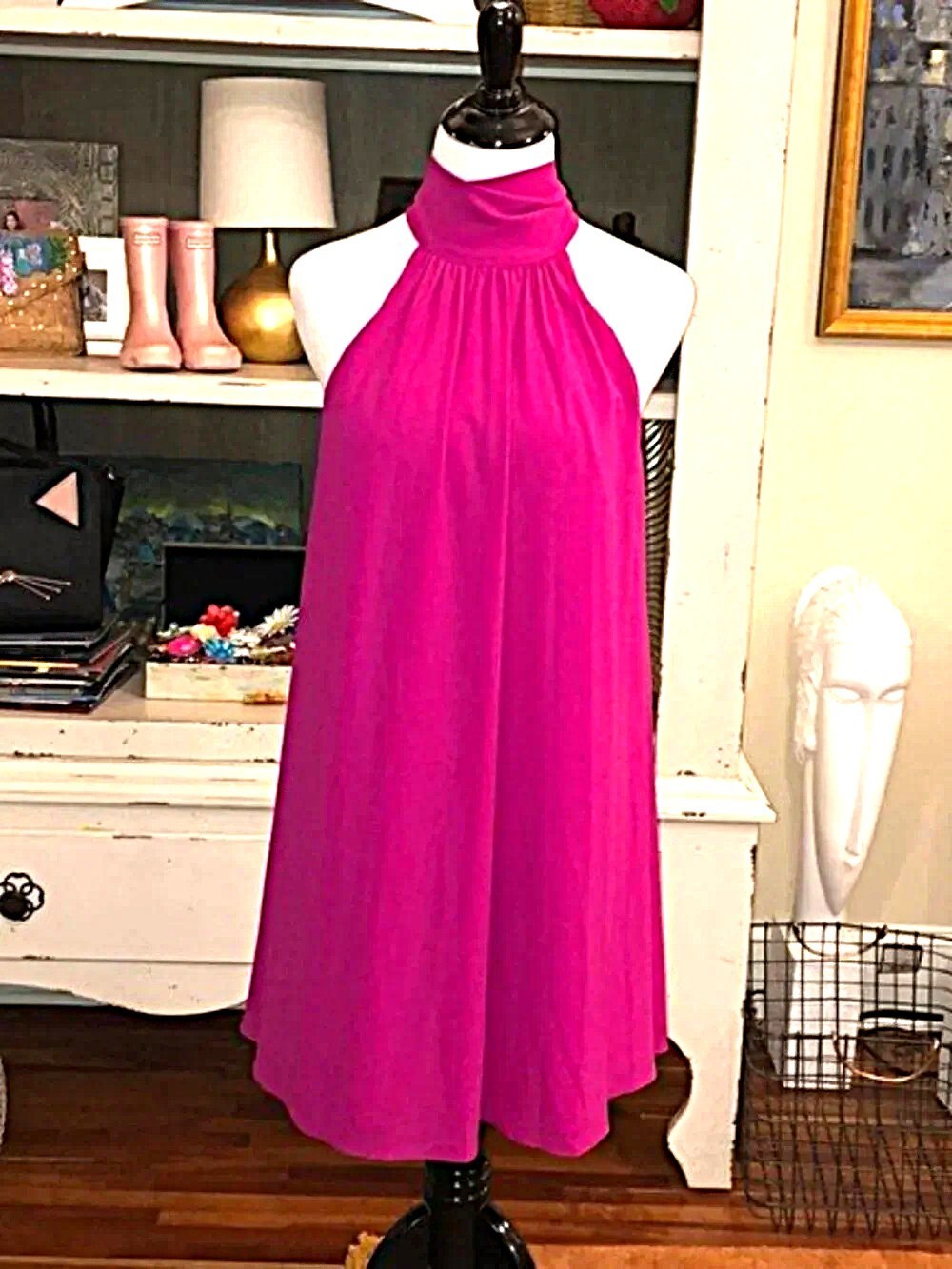 NWT Badgley Mischka Elise Fuchsia Trapeze Size 8 Sleeveless Highneck Tie Dress