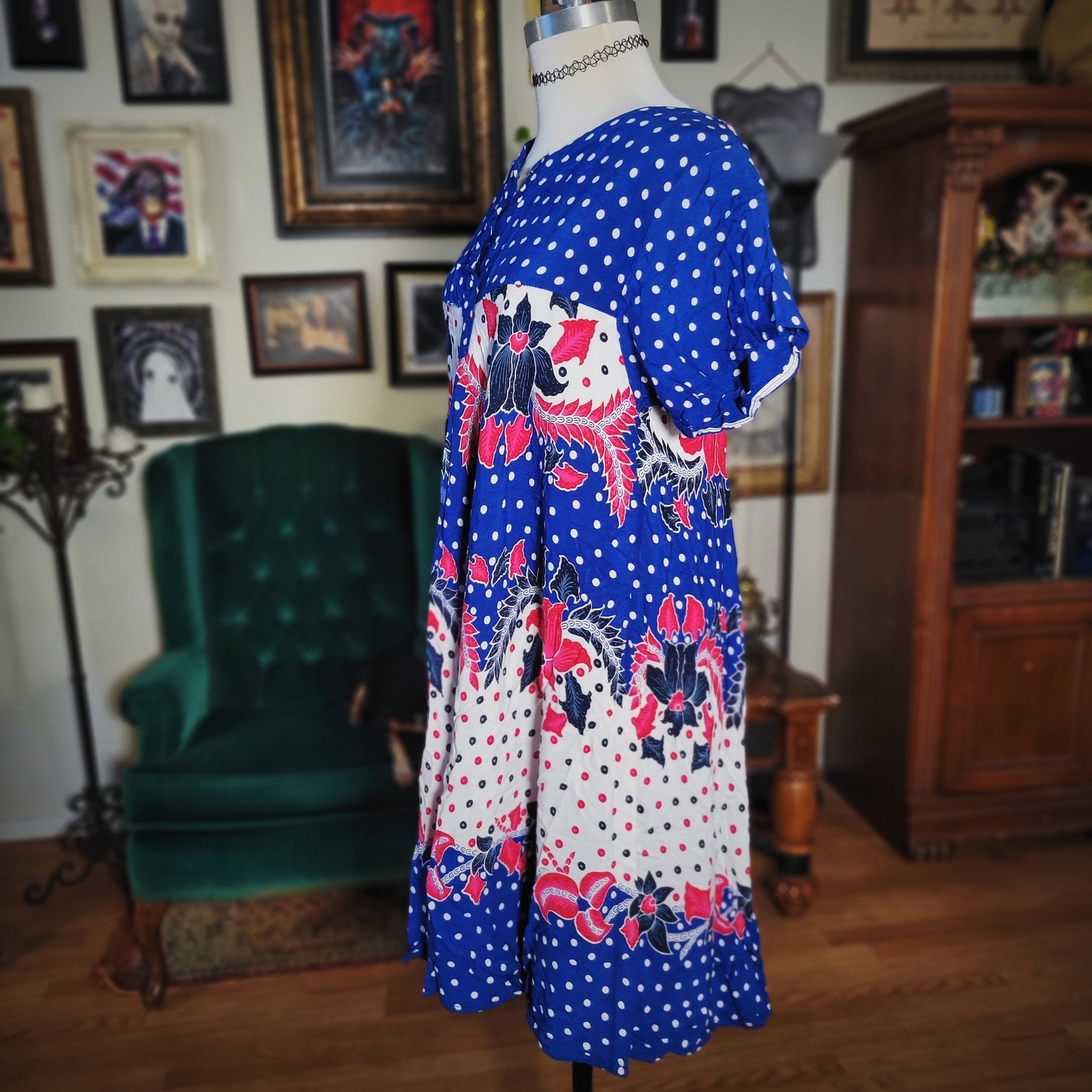 Vintage 80s Aladdin Batik Blue Floral Blue Polka Dot Midi Dress Women