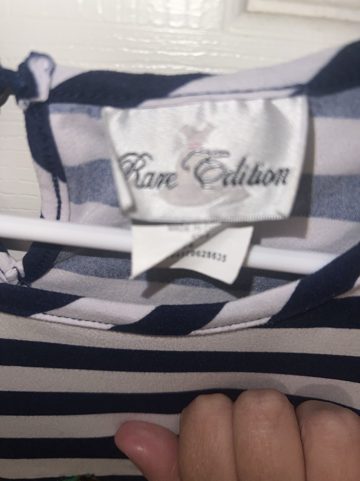 Rare Editions Navy White Striped Shift Dress Back to School “LOVE” Ruffle Trim