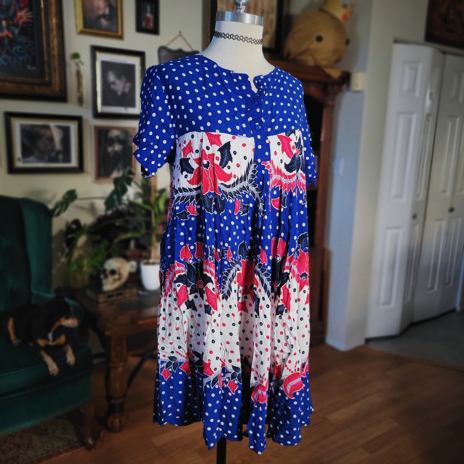 Vintage 80s Aladdin Batik Blue Floral Blue Polka Dot Midi Dress Women