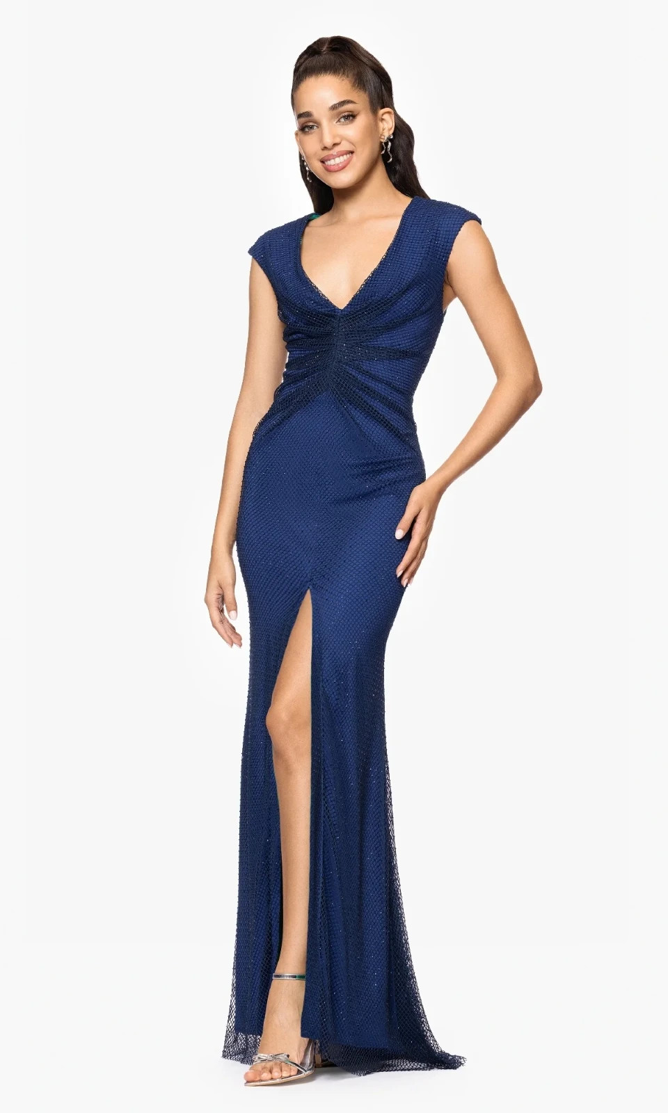 Betsy & Adam Navy Blue Black Rhinestone Mesh Column Gown Size 12 $390