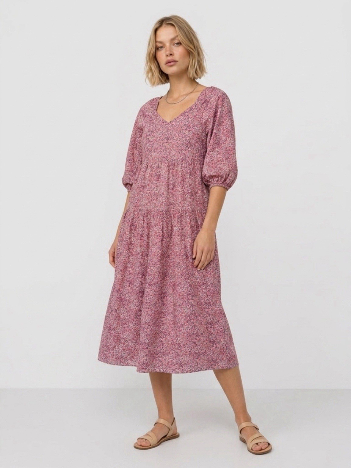 Universal Thread Peasant Midi Dress L Pink Floral Tie Back 100% Cotton Prairie