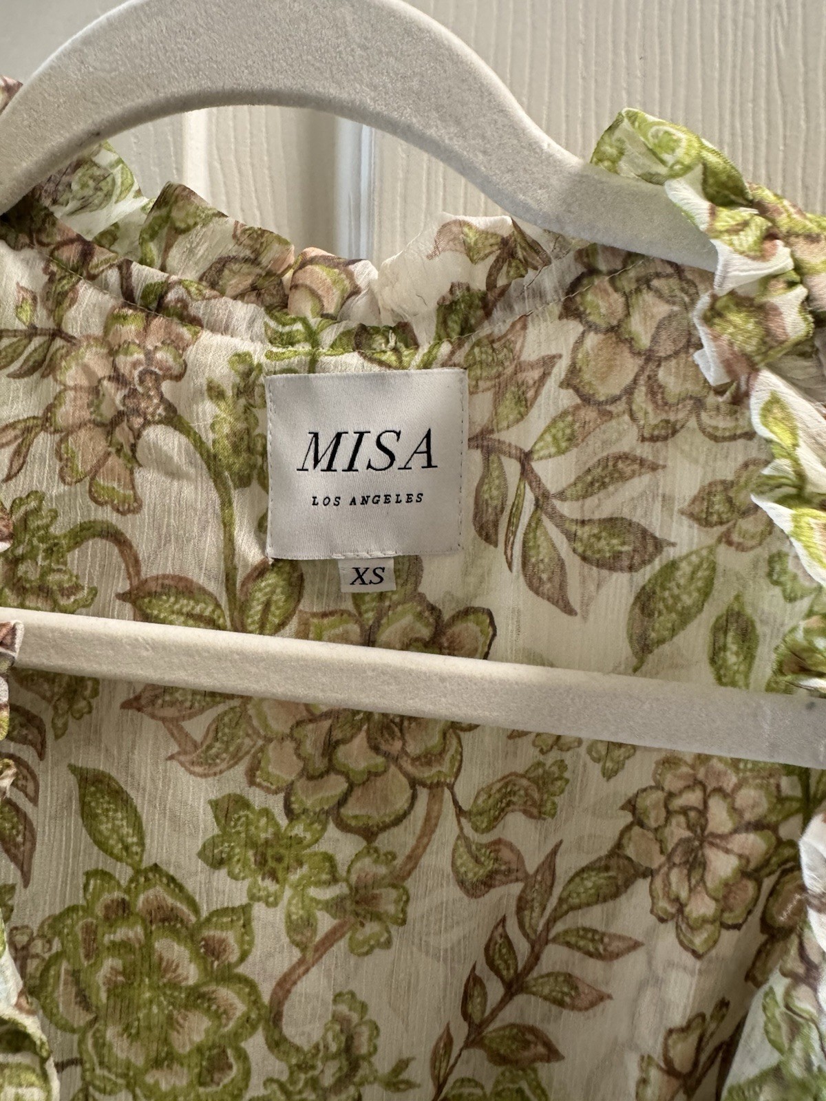 MISA Los Angeles Maia XS White Green Floral V-Neck Smocked Ruffle Mini Dress