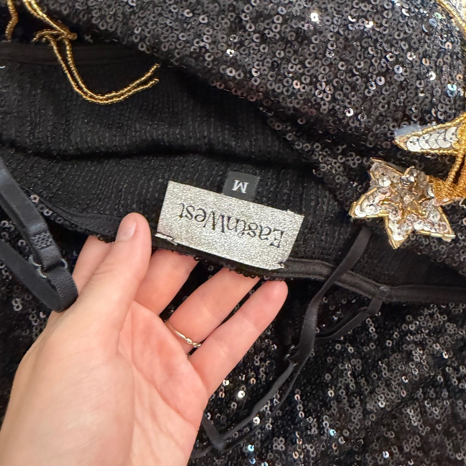 East N West Label Sequin Star Mini Dress Black Celestial Moon Sun Whimsy M Party