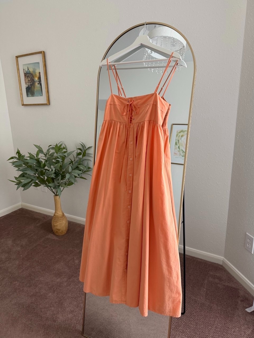 Stitchdrop Coral Orange Lace Up Smocked Maxi Dress Women’s S Cottagecore