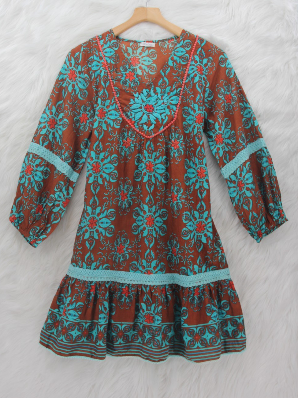 Modaposa Tunic Dress Teal Brown Orange S Boho Western Embroidered Festival