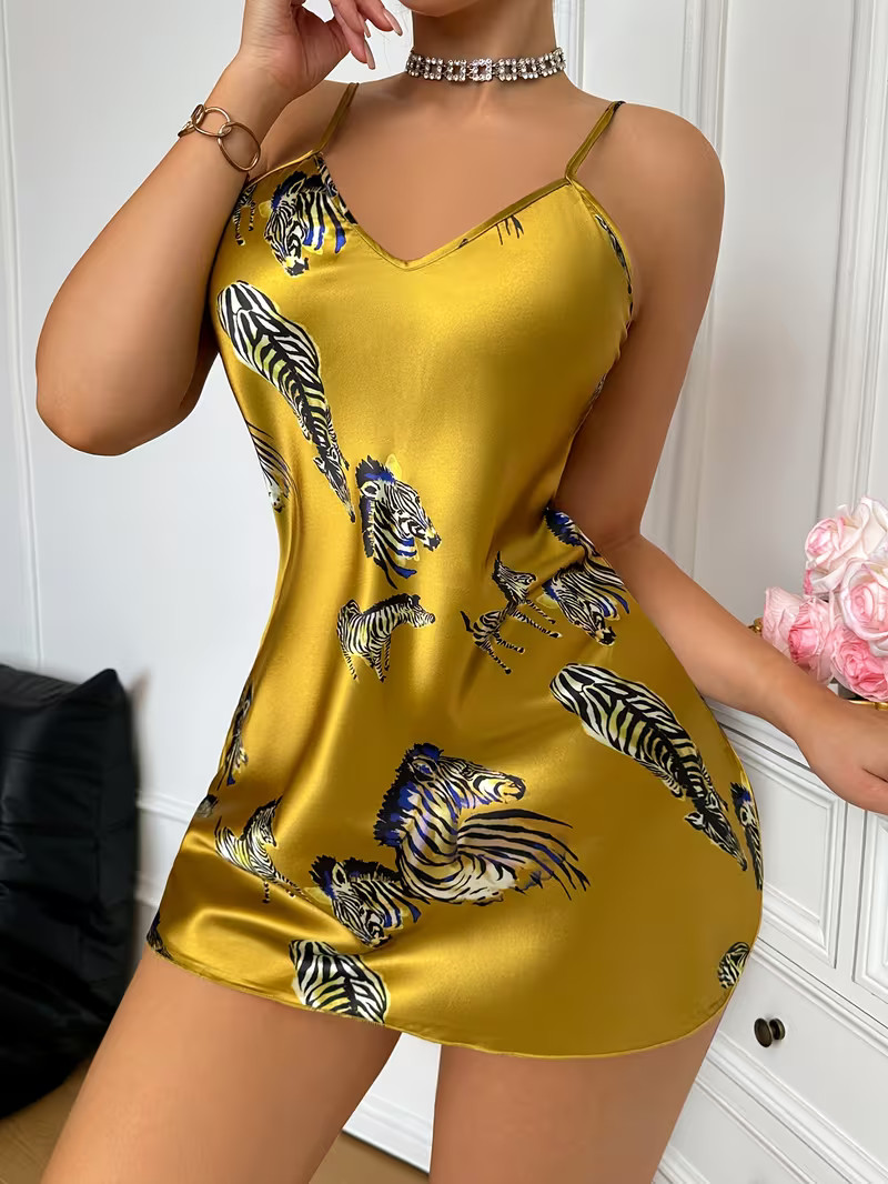 NEW Medium. Elegant Sexy & Sleek Golden Bodycon Lingerie w Zebra Print & V-Neck.