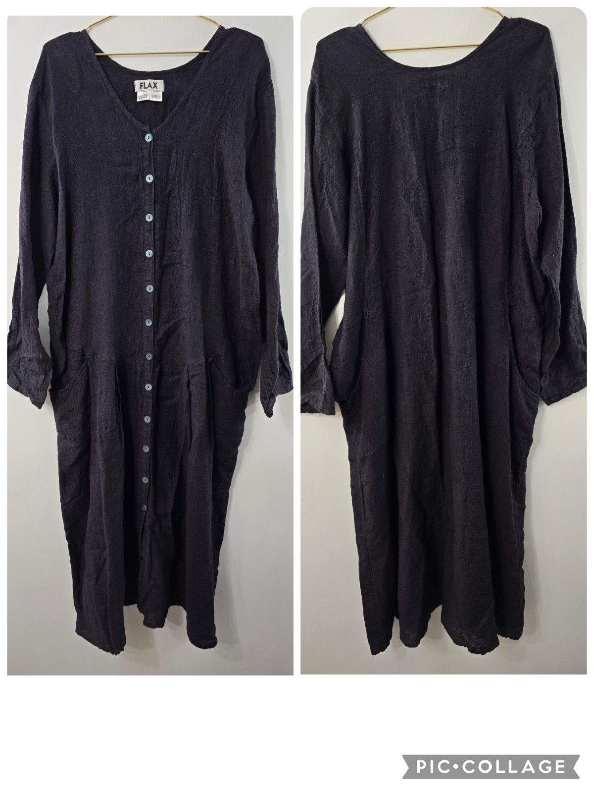 Flax Linen Long Sleeve Button Front V Neck Midi Lagenlook Dress Solid Black Sz L
