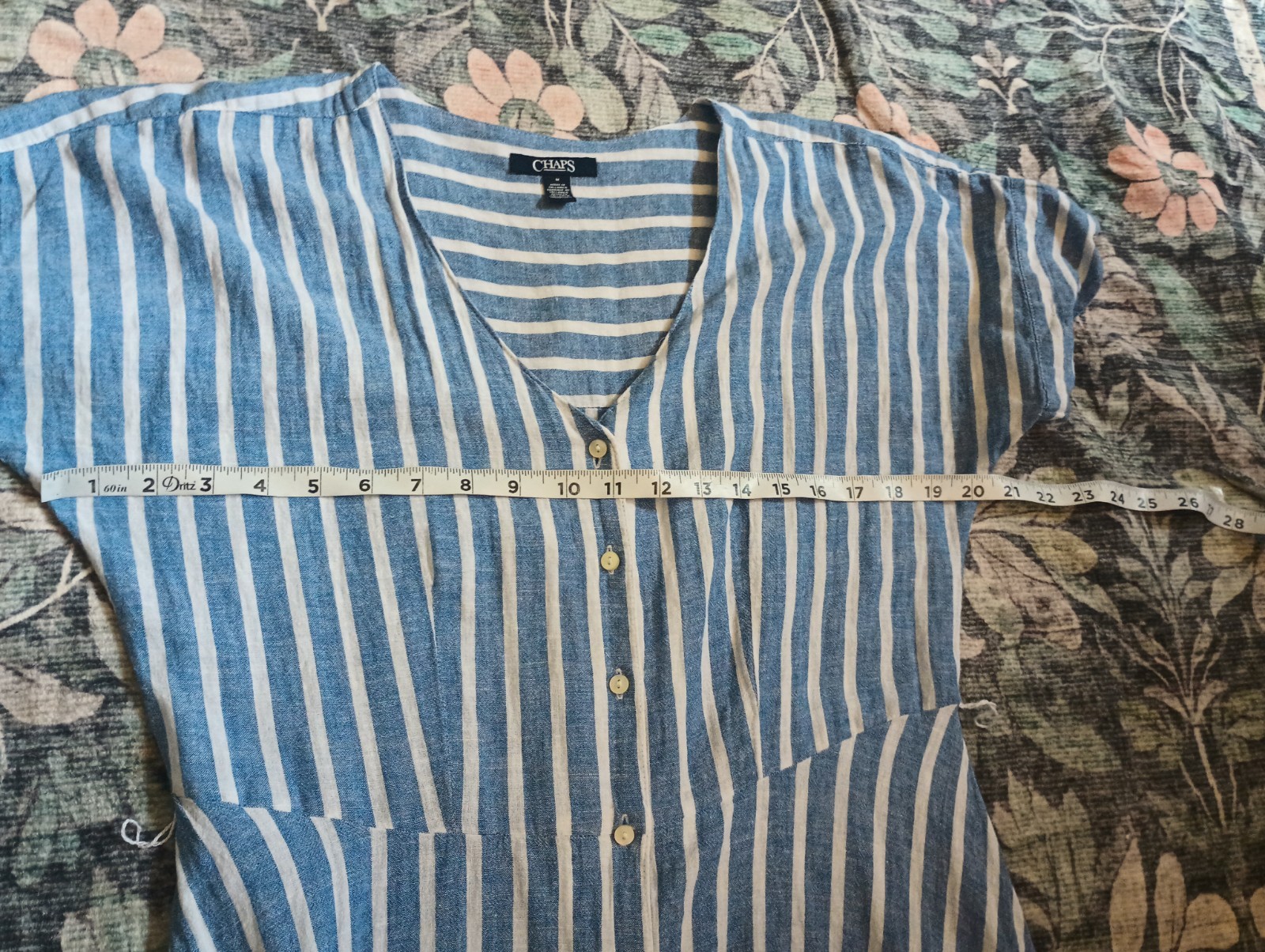 Chaps Womens Linen Shirt Dress Medium Blue Stripe Classic Coastal Nautical