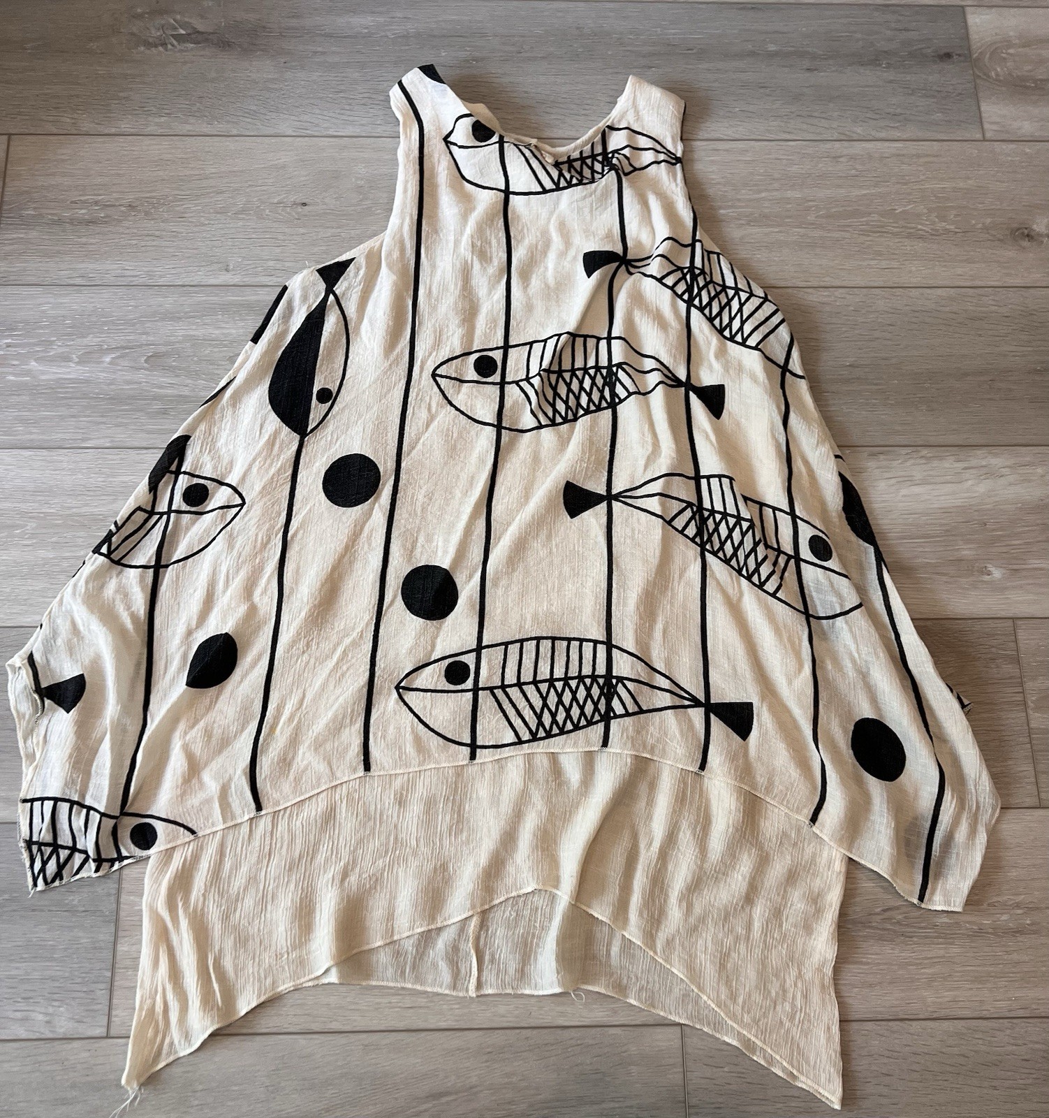India Boutique Sz O/S Beige & Brown Graphic Fish Design Flowy Cotton Dress