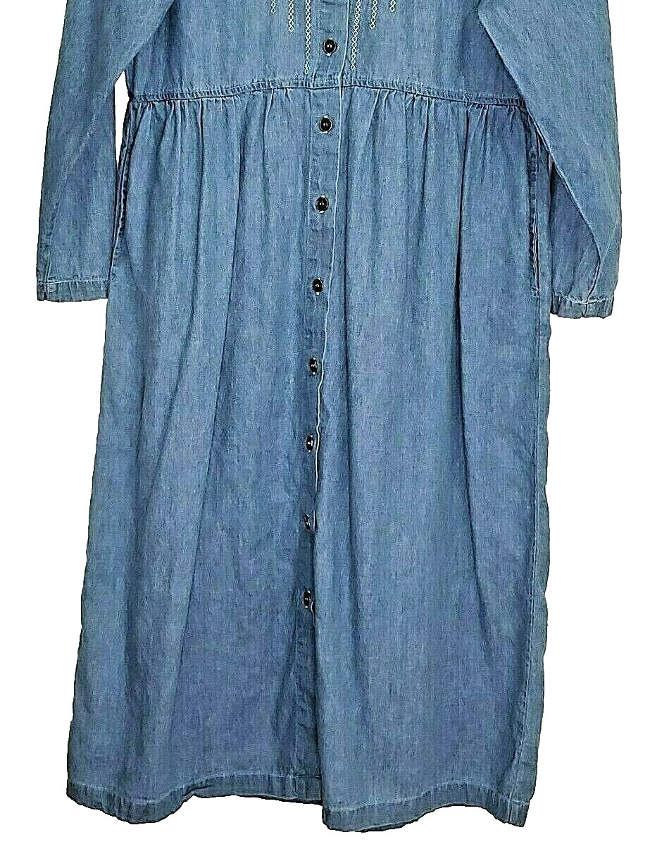 Dress Chambray Denim Embroidered Blue Drop Waist Modest Capacity Petites Large
