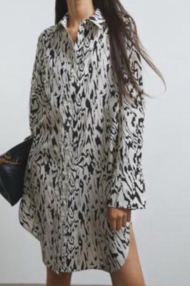 H&M New Women Oversized animal print Long Sleeve Shirt Dress Buttom Down Sz L