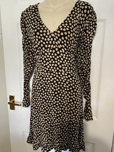 Miss Selfridge Jersey Tea Dress Black & Beige Polka Dot Pattern Size 16
