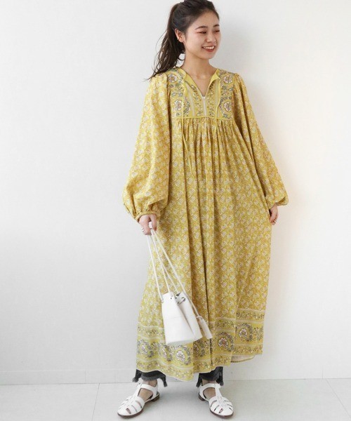 Japan womens cotton blend floral panel print dress yellow Journal Standard