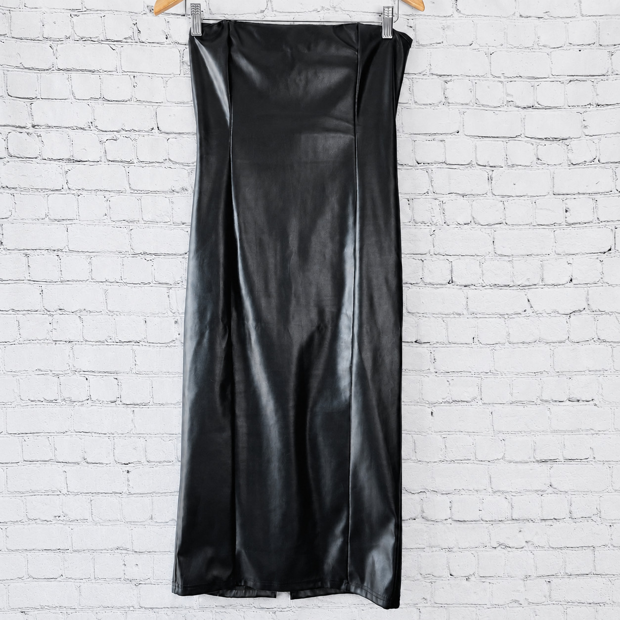 Womens Black Faux Leather Strapless Tube Midi Dress M Y2K Bodycon Club Night Out
