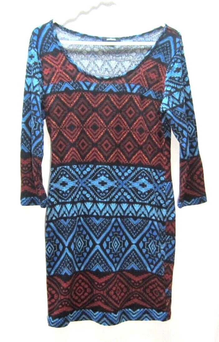 Ambiance Womens Large Dress Multicolor Geometric Design Long Sleeves