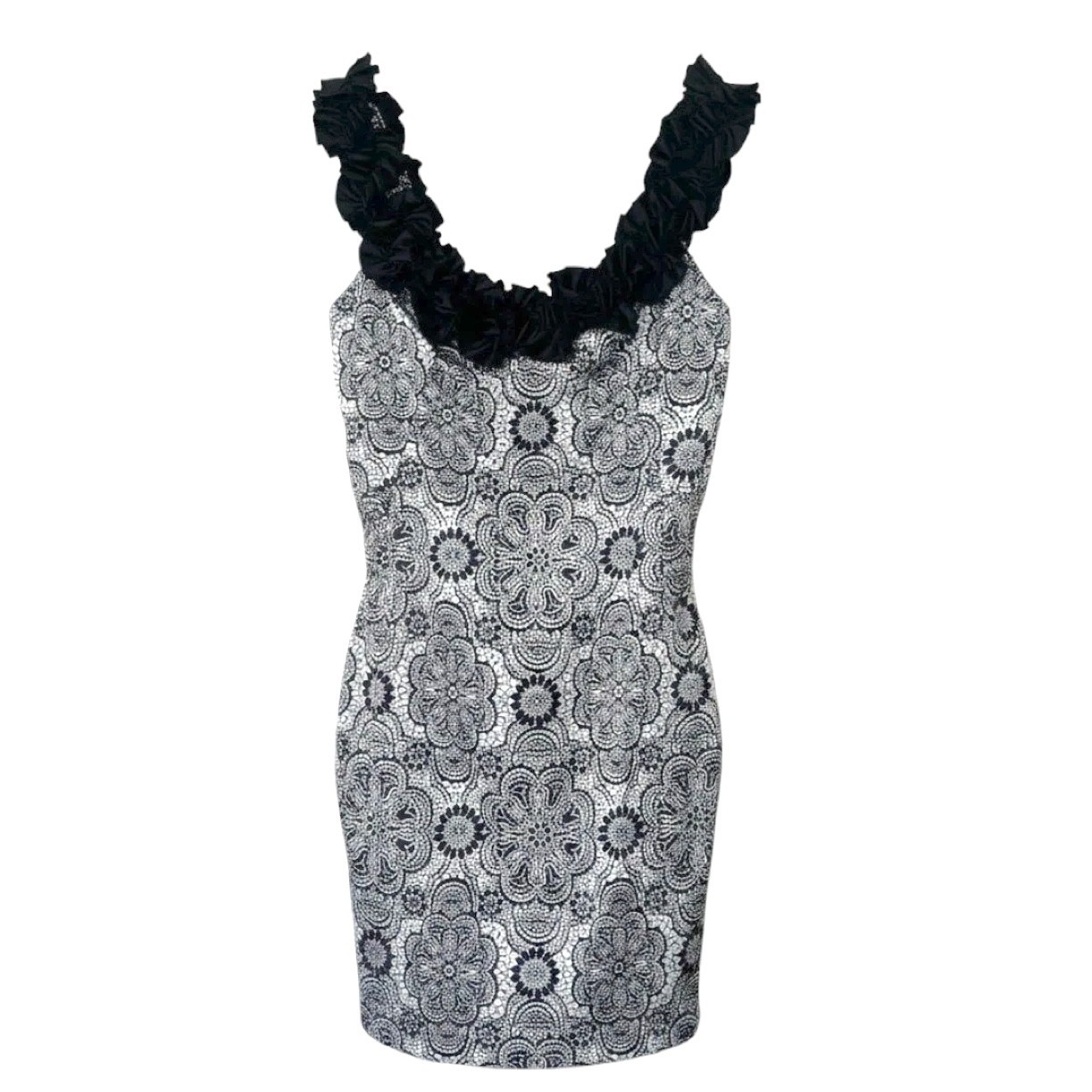 Maggy London Black & White Shiny Ruffle Sheath Cocktail Dress size 10 Pre-owned