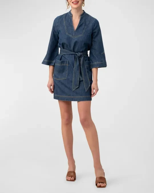 NWOT Trina Turk Tie Waist V-neck Otis Denim Dress Long Sleeve Dark Wash