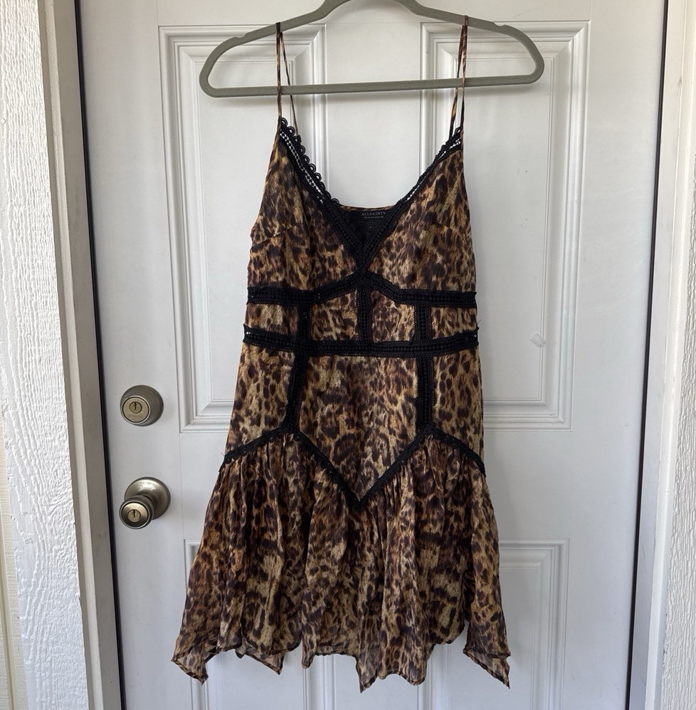 ALLSAINTS Zia Evia Brown Leopard V-Neck Chiffon Lined Mini Dress US 6