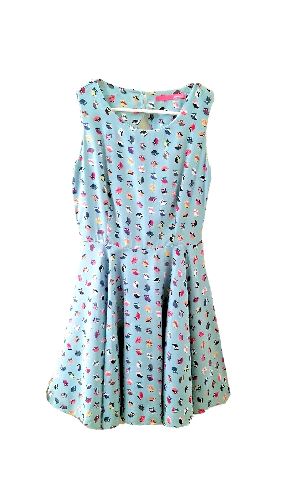 PINKYOTTO Blue Colorful Owl Print Dress Sz XS 0 2 Fit Flare Sleeveless
