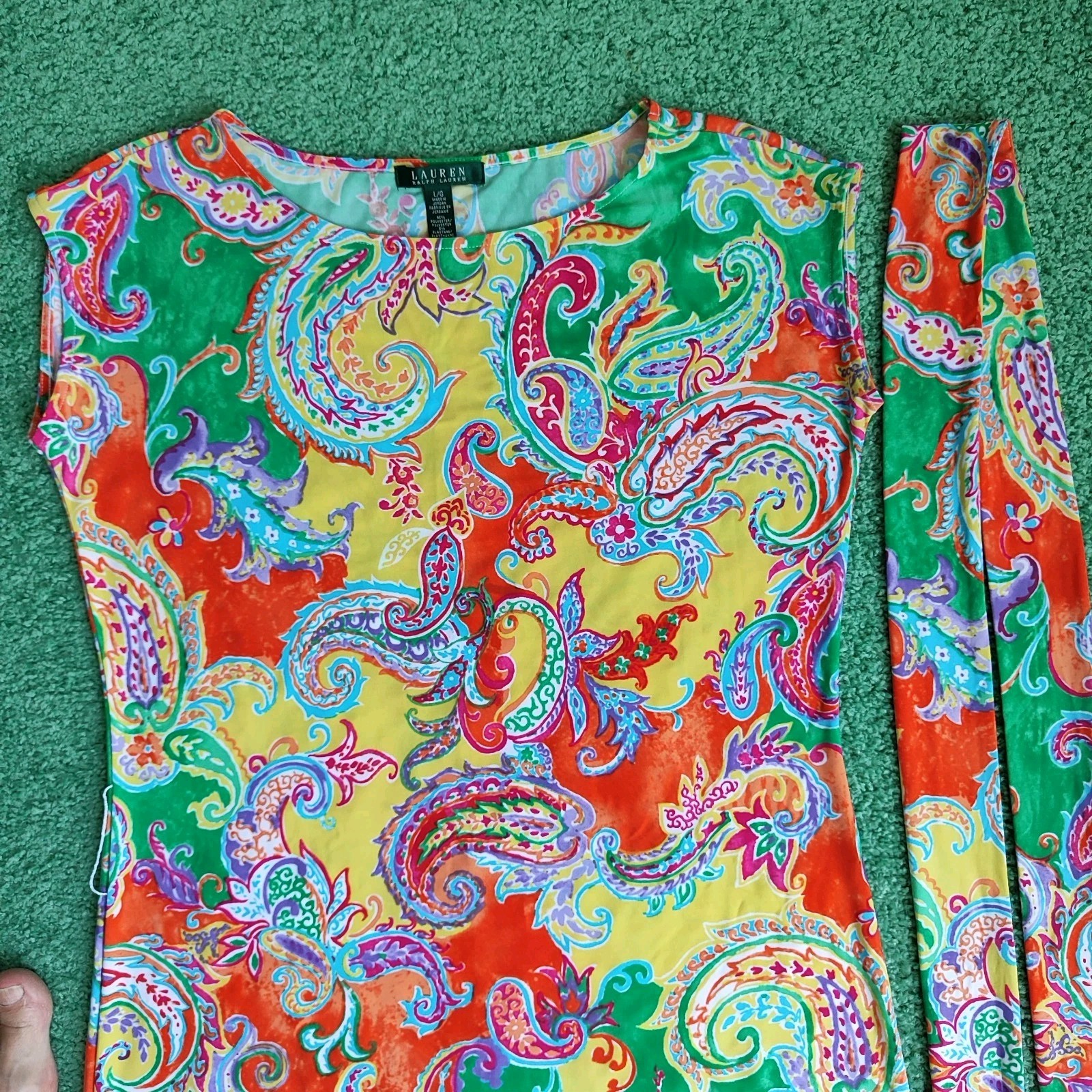 LAUREN RALPH LAUREN SZ L/G Bright Colors Belted Stretchy Sheath Jersey Dress