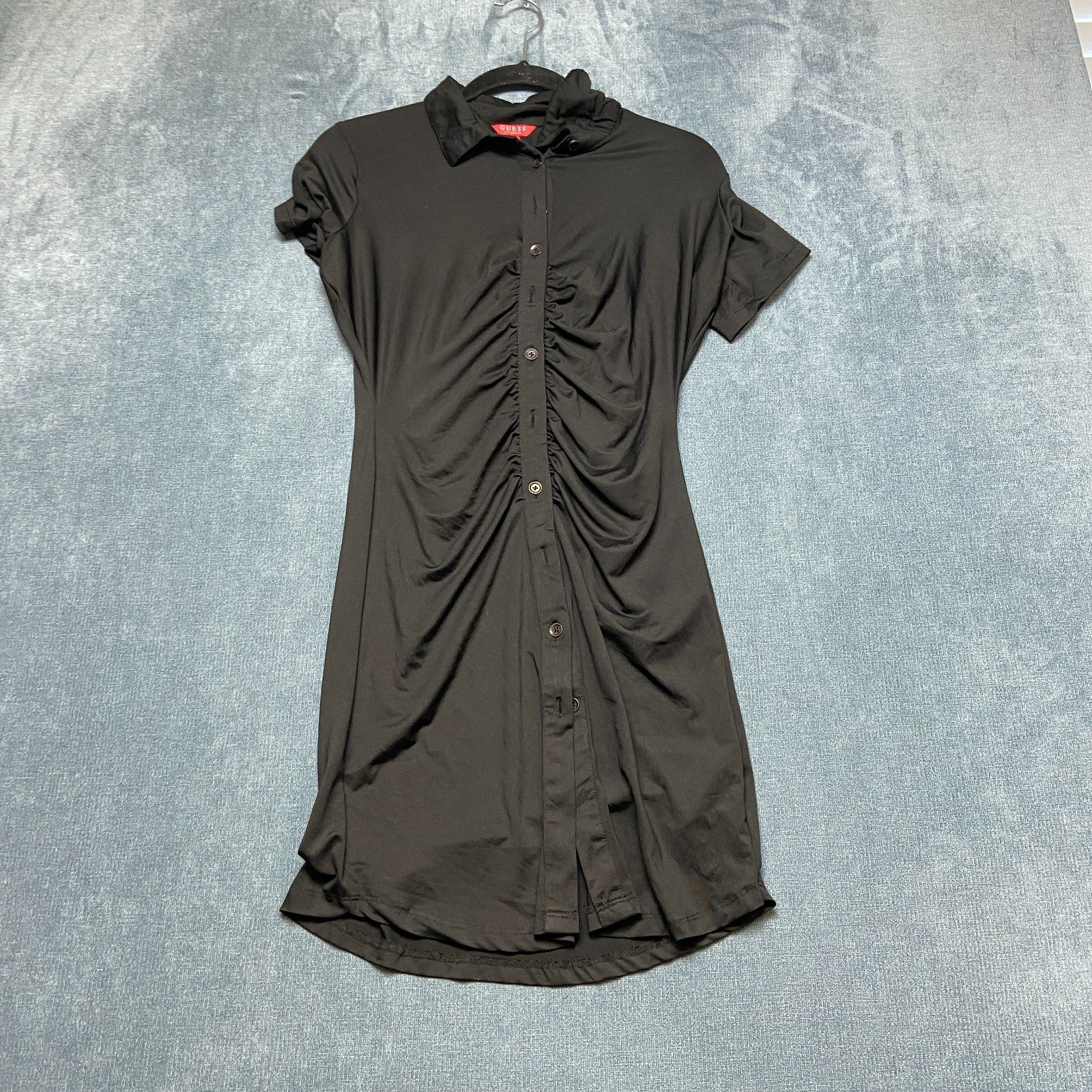 Guess Shirt Dress Womens M Black Ruched Collared Fitted Button Up Short Sleeve
