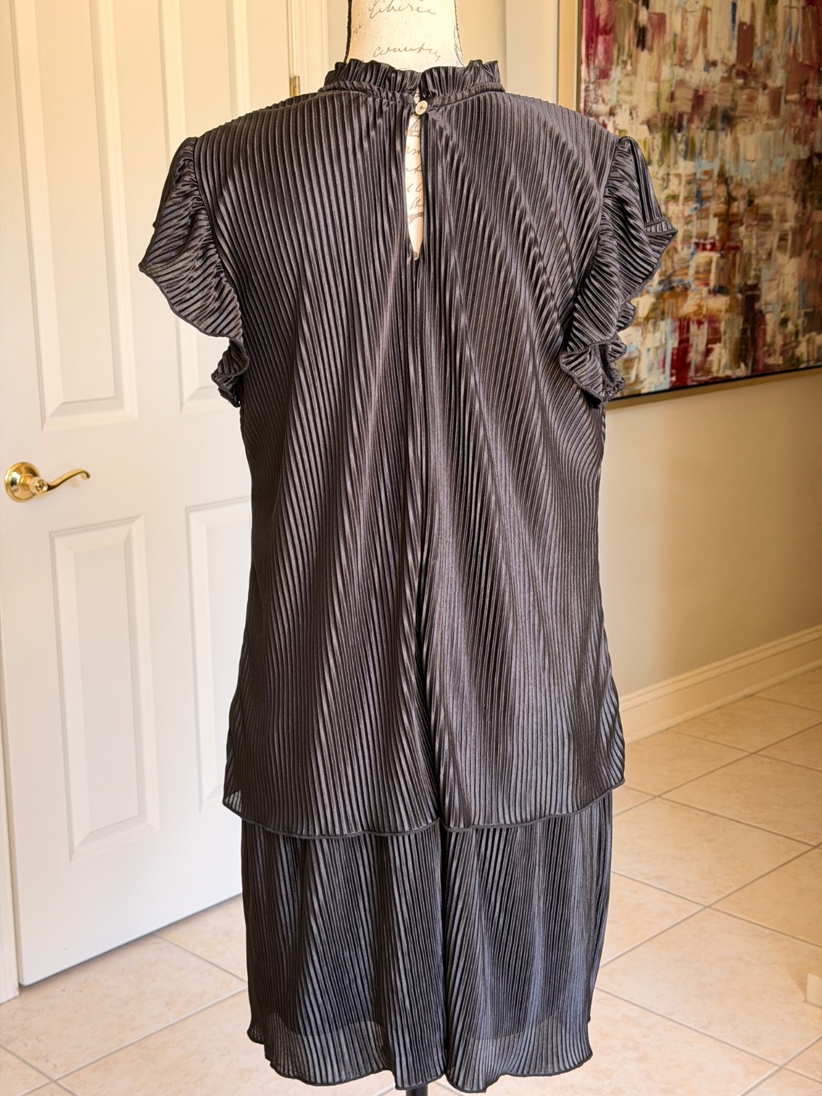 24seven Comfort Apparel Ruffle Cap Sleeve Pleated Tiered Mini Dress Black XL NWT